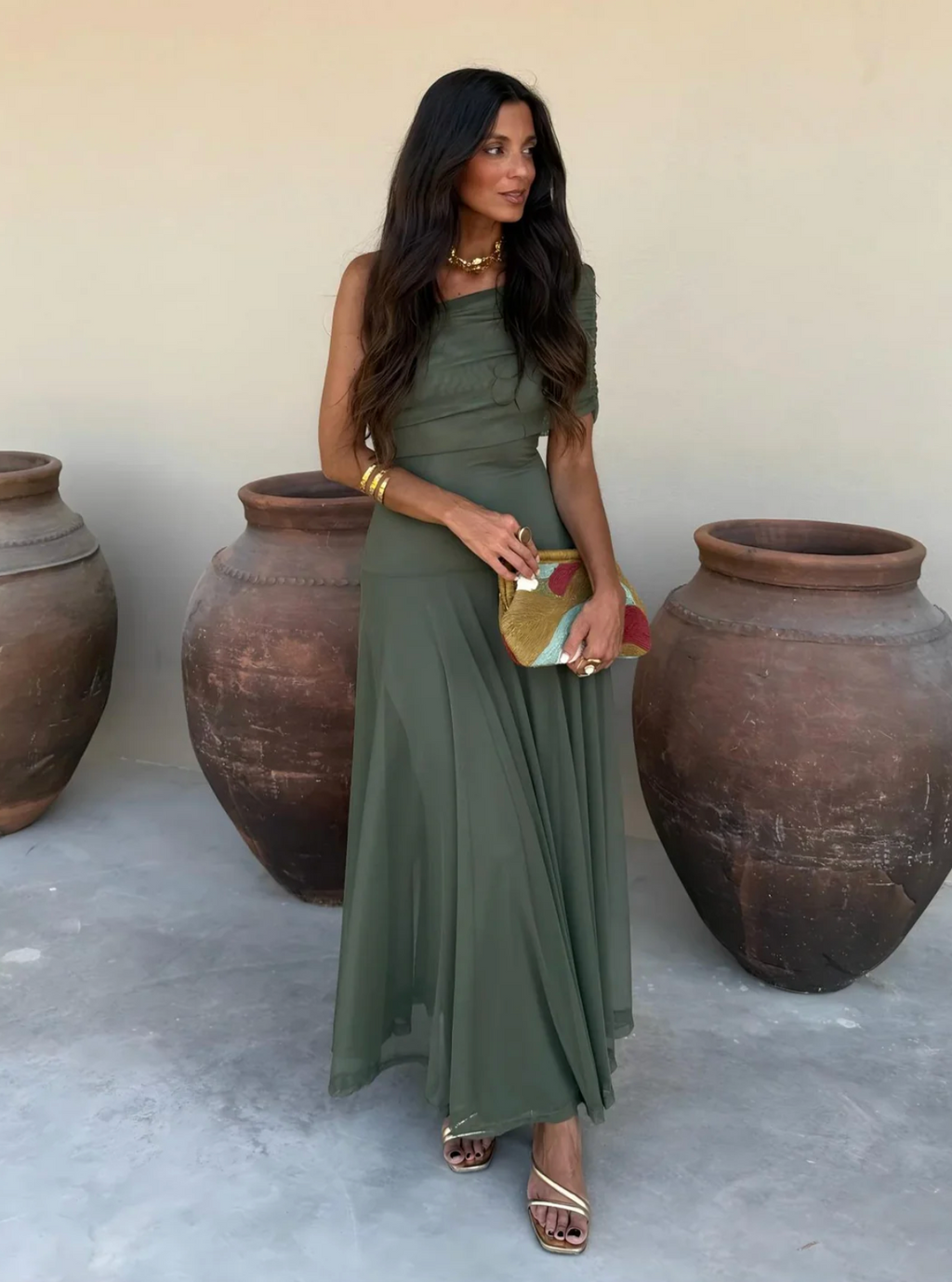 Vestido Largo Chiffon Hombros Caídos