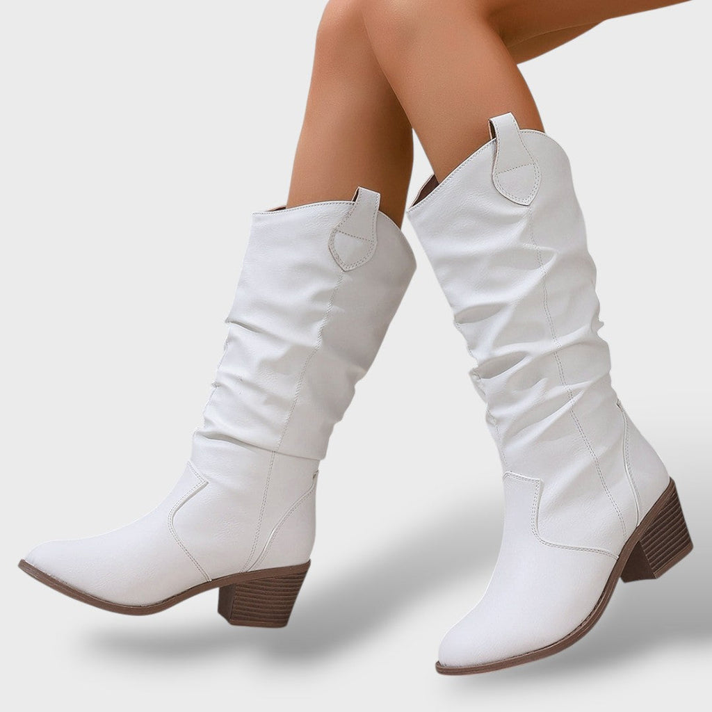 Botas Altas de Cuero Estilo Western para Mujer – Diseño Plisado con Tacón Grueso
