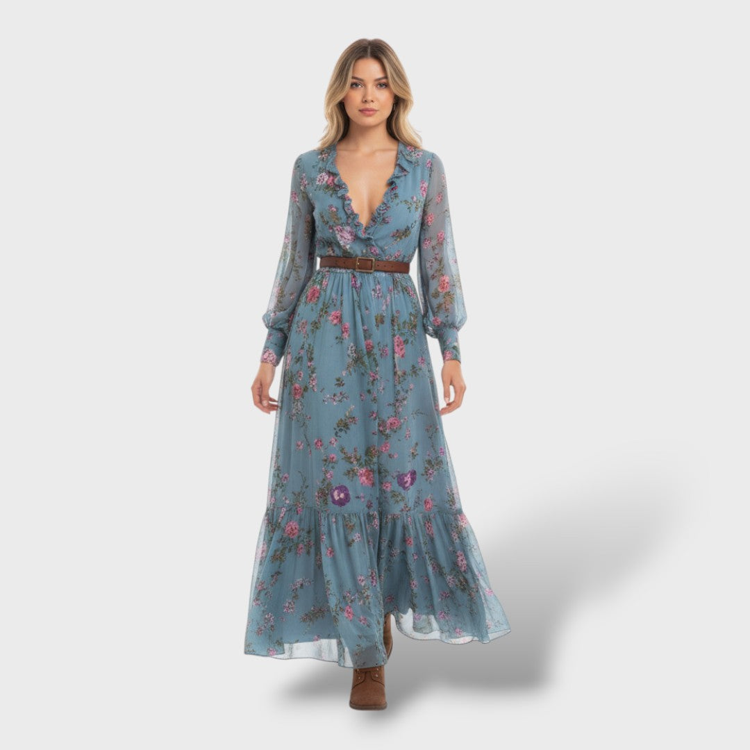 Vestido boho largo floral manga larga