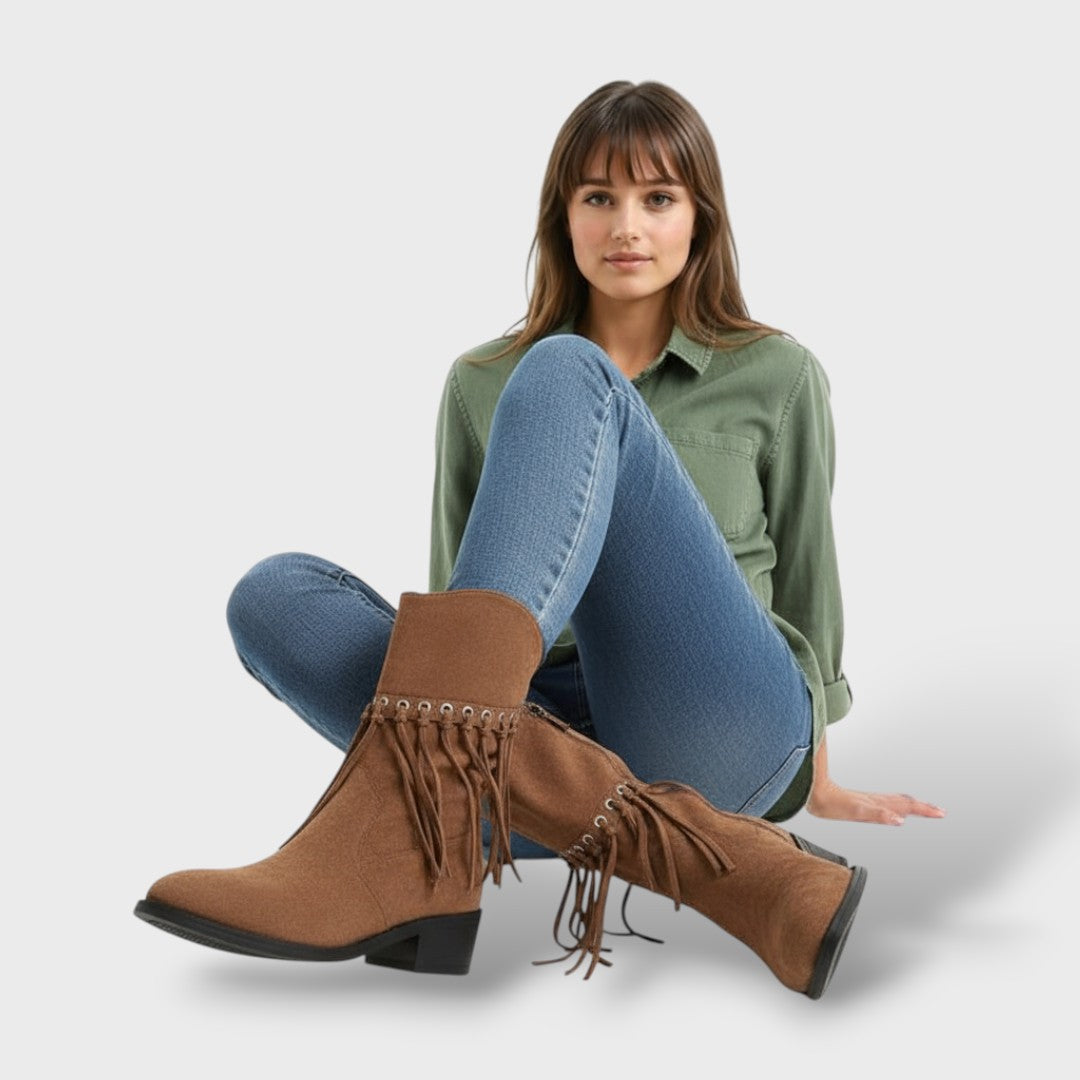 Botas Vaqueras con Flecos y Tacón Grueso