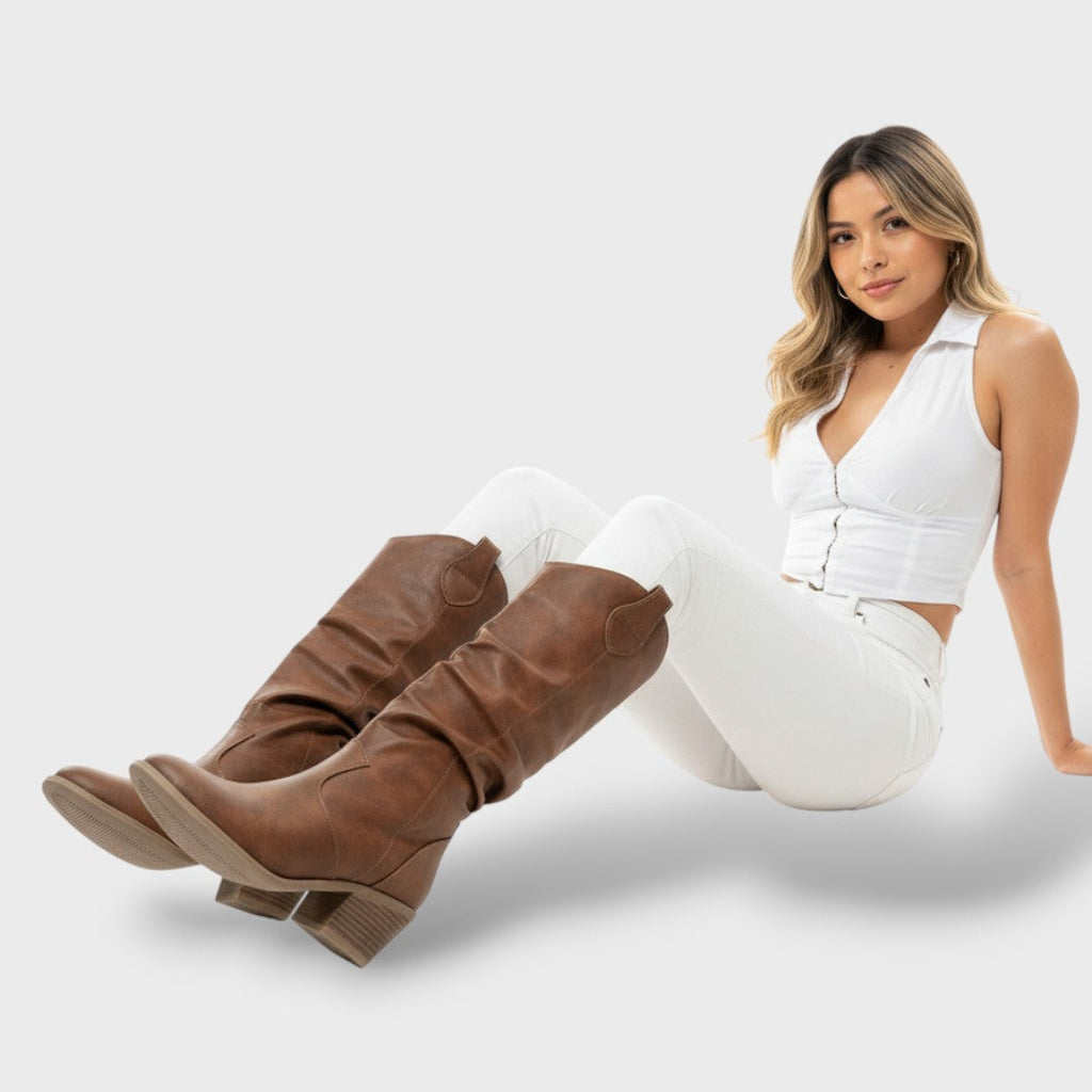 Botas Altas de Cuero Estilo Western para Mujer – Diseño Plisado con Tacón Grueso