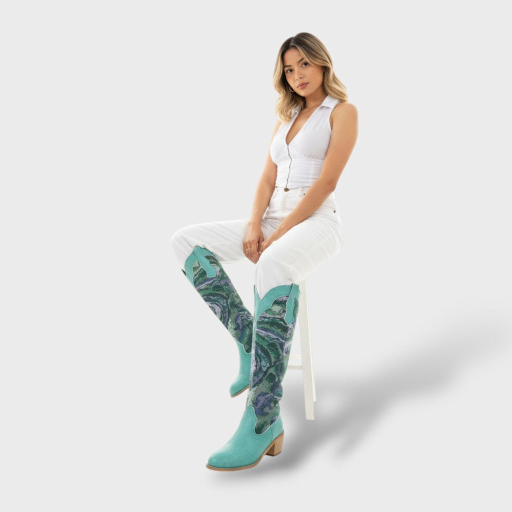 Botas Mujer Bordadas Tacón Cuadrado Elegantes