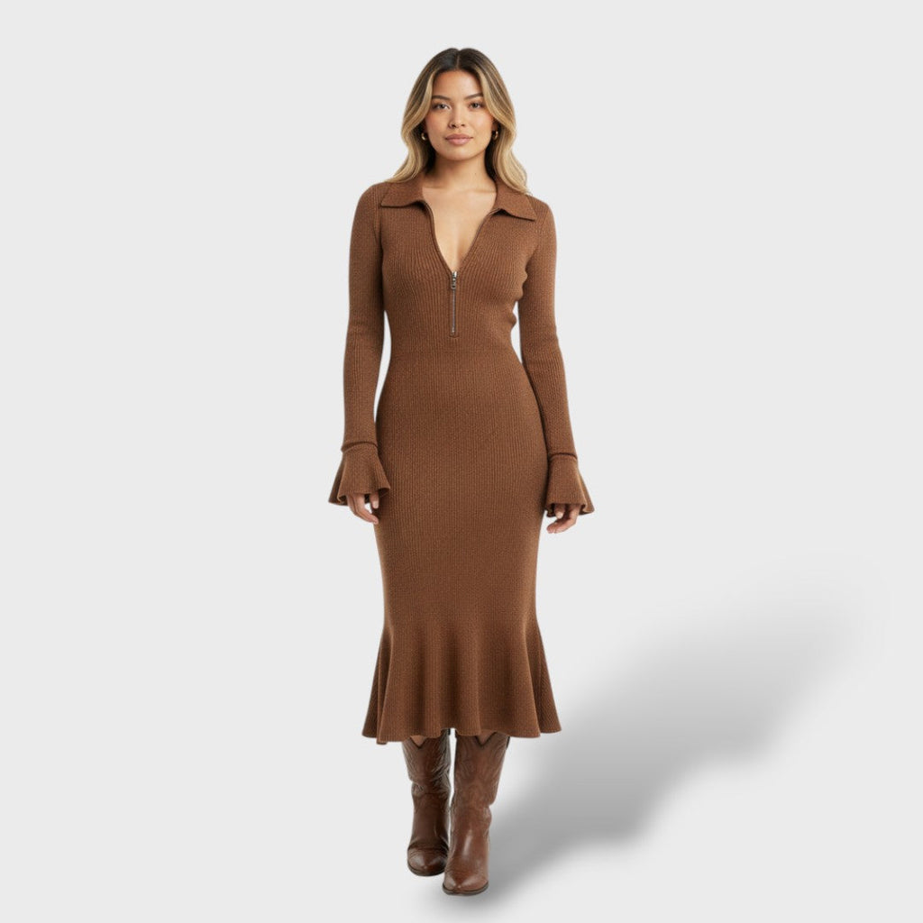 Vestido Midi Punto Cuello Cremallera