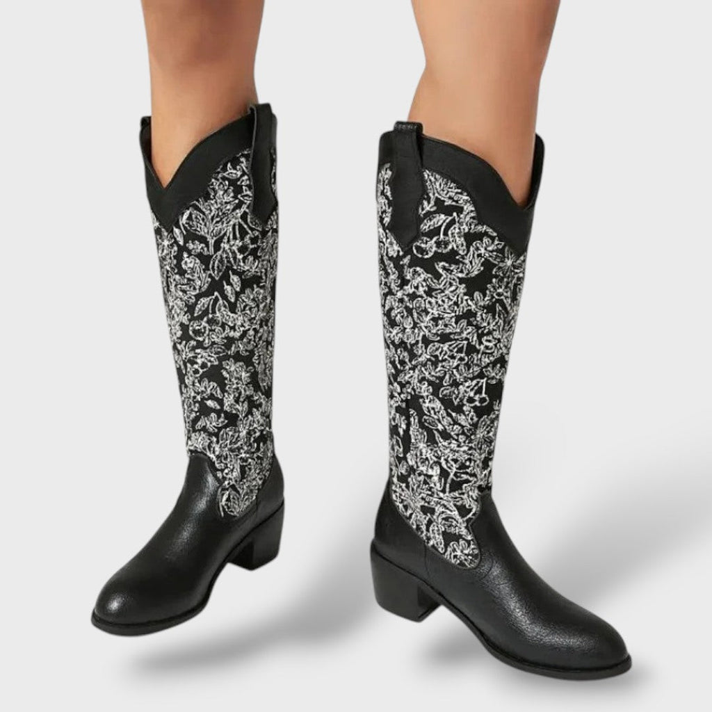 Botas Mujer Bordadas Tacón Cuadrado Elegantes