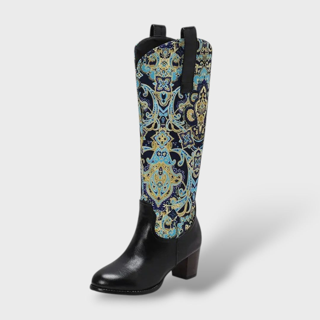 Botas Mujer Altas Florales Tacón Cuadrado