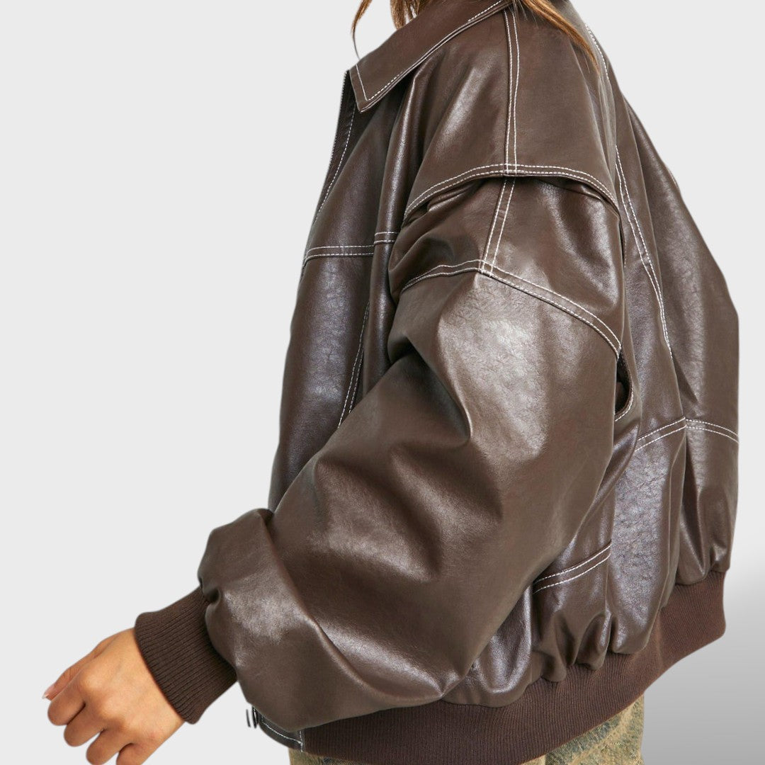 Bomber de Cuero Mujer Estilo Retro